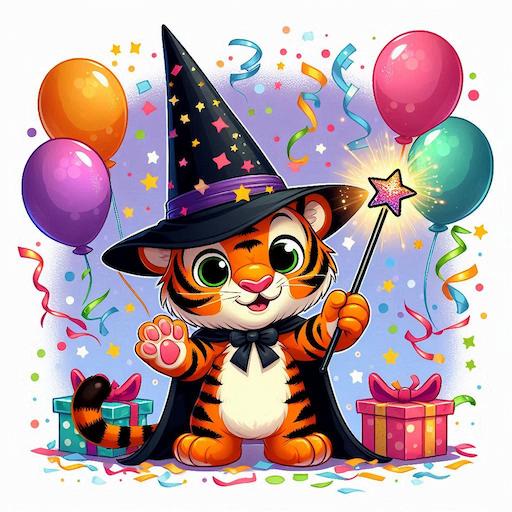A celebrating tiger dressed like a witch